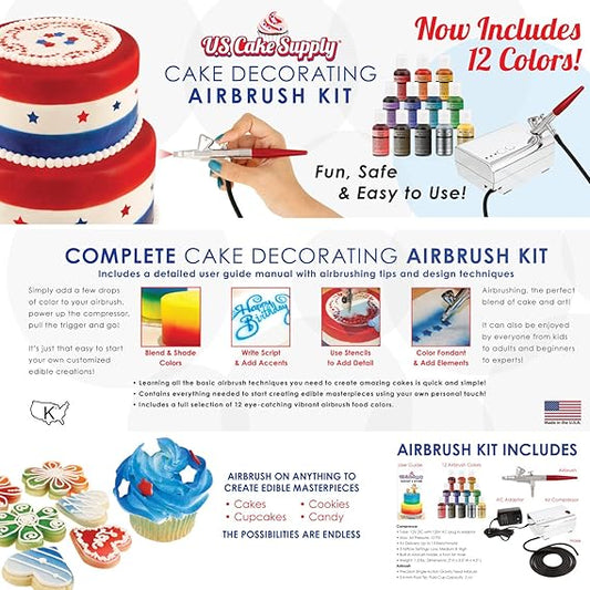 U.S. Cake Supply - Complete Cake Decorating Airbrush Kit with a Full Selection of 12 Vivid Airbrush Food Colors - Decorate Cakes, Cupcakes, Cookies & Desserts